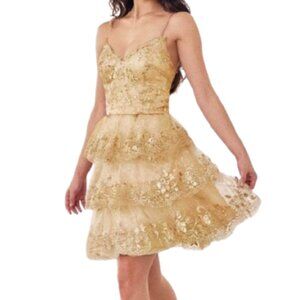 NWT Ladivine KV1090 Glitter Tulle Cocktail Dress Gold Size XS